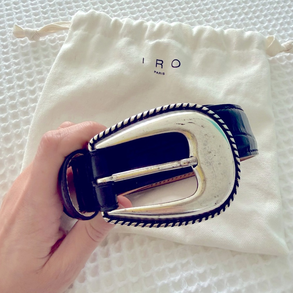 IRO PARIS Black Croc Leather Belt with Silver Western Buckle Size 70 XS
